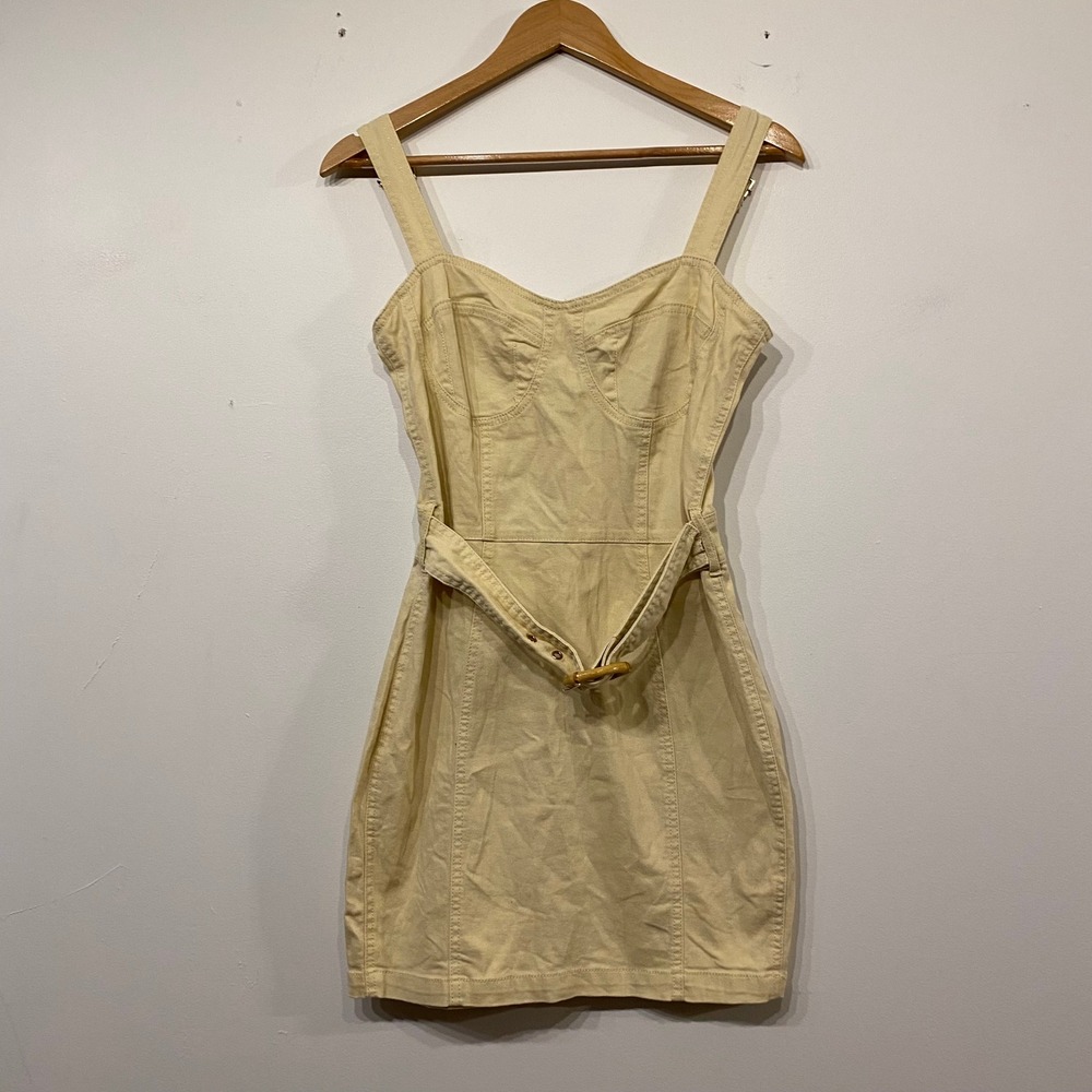 Missguided Yellow Denim Bustier Y2K Mini Dress with Bamboo Belt Size 6